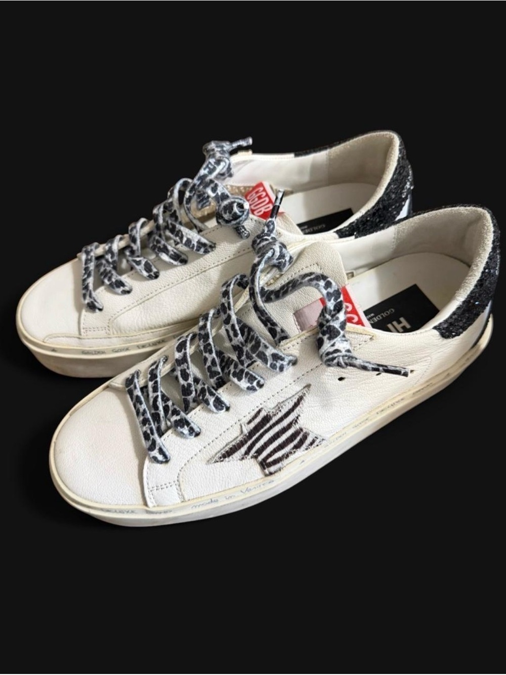 Golden Goose Hi Star W&B Sneakers Glitter Heel & Zebra Print Star